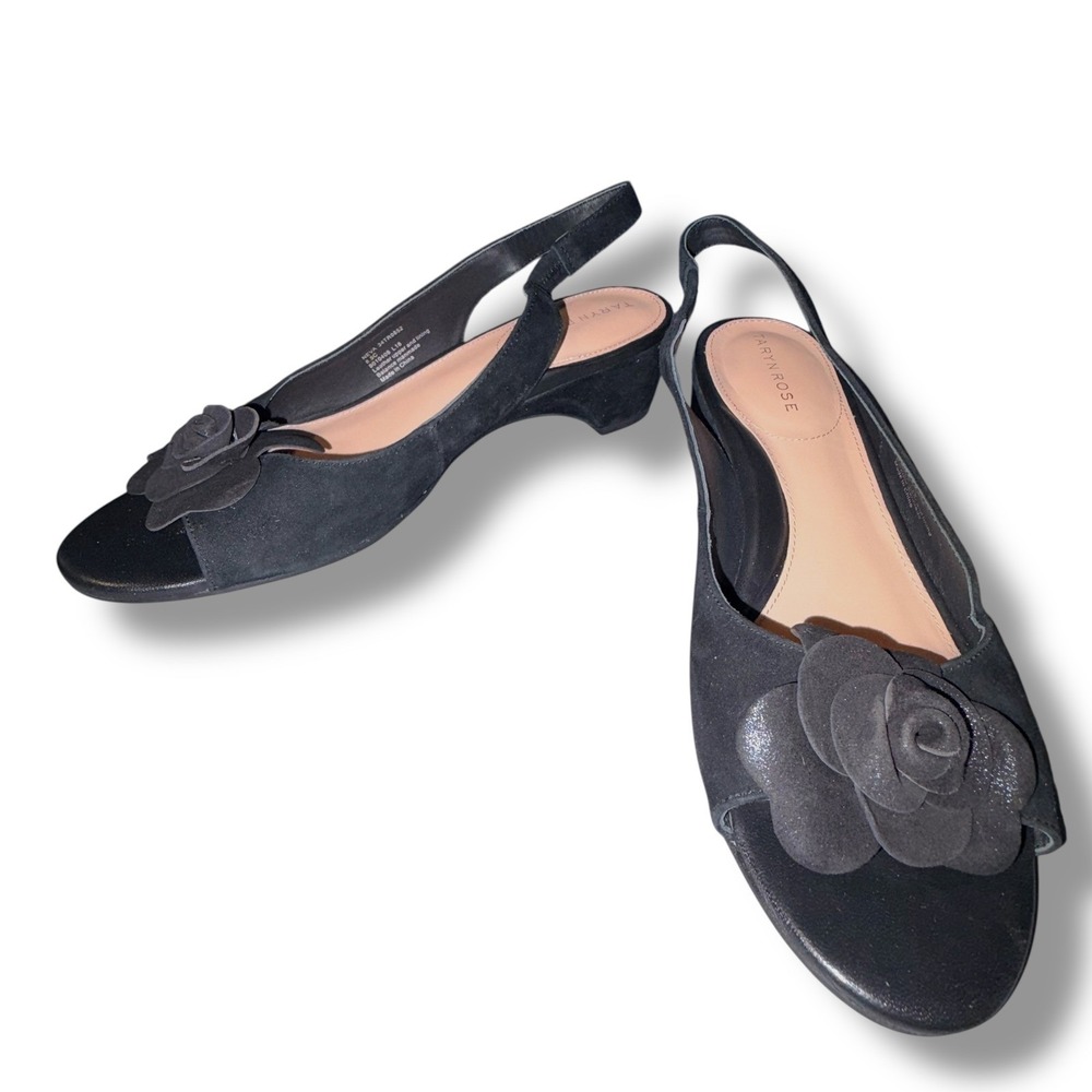 Taryn Rose NEVA Black Suede PeepToe Slingback Wedge Heels Flower Accent Size 8.5